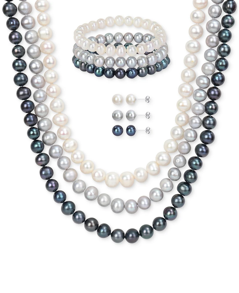 7-Pc. Set White, Black, & Gray Cultured Freshwater Pearl (7-1/2 - 8mm) Necklace, Bracelets, & Stud Earrings