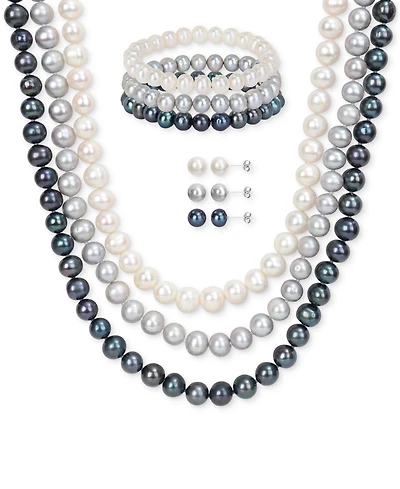 7-Pc. Set White, Black, & Gray Cultured Freshwater Pearl (7-1/2 - 8mm) Necklace, Bracelets, & Stud Earrings