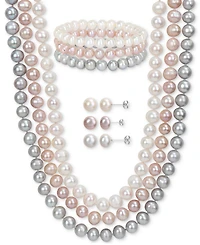 7-Pc. Set White, Black, & Gray Cultured Freshwater Pearl (7-1/2 - 8mm) Necklace, Bracelets, & Stud Earrings