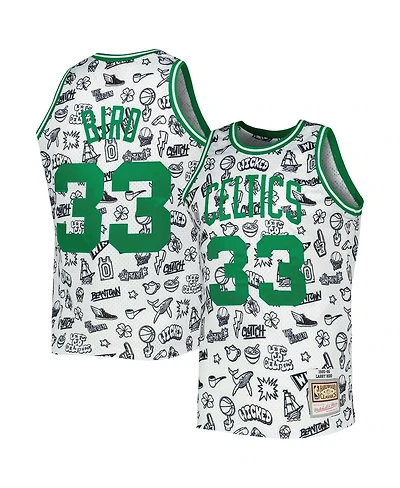 Men's Mitchell & Ness Larry Bird White Boston Celtics 1985-86 Hardwood Classics Doodle Swingman Jersey
