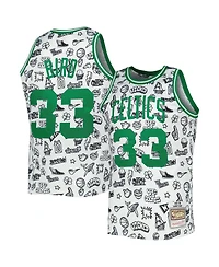 Men's Mitchell & Ness Larry Bird White Boston Celtics 1985-86 Hardwood Classics Doodle Swingman Jersey