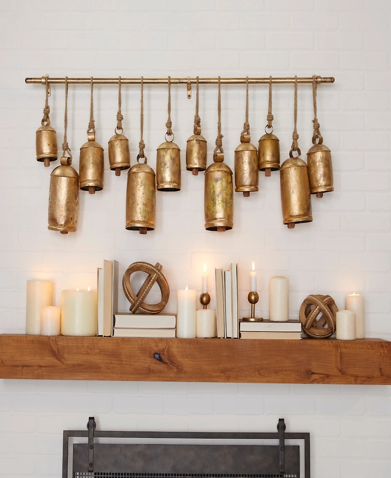 Rosemary Lane Bronze Metal Tibetan Inspired Meditation Decorative Cow Bell with Jute Hanging Rope and Rod 48" x 6" x 20"