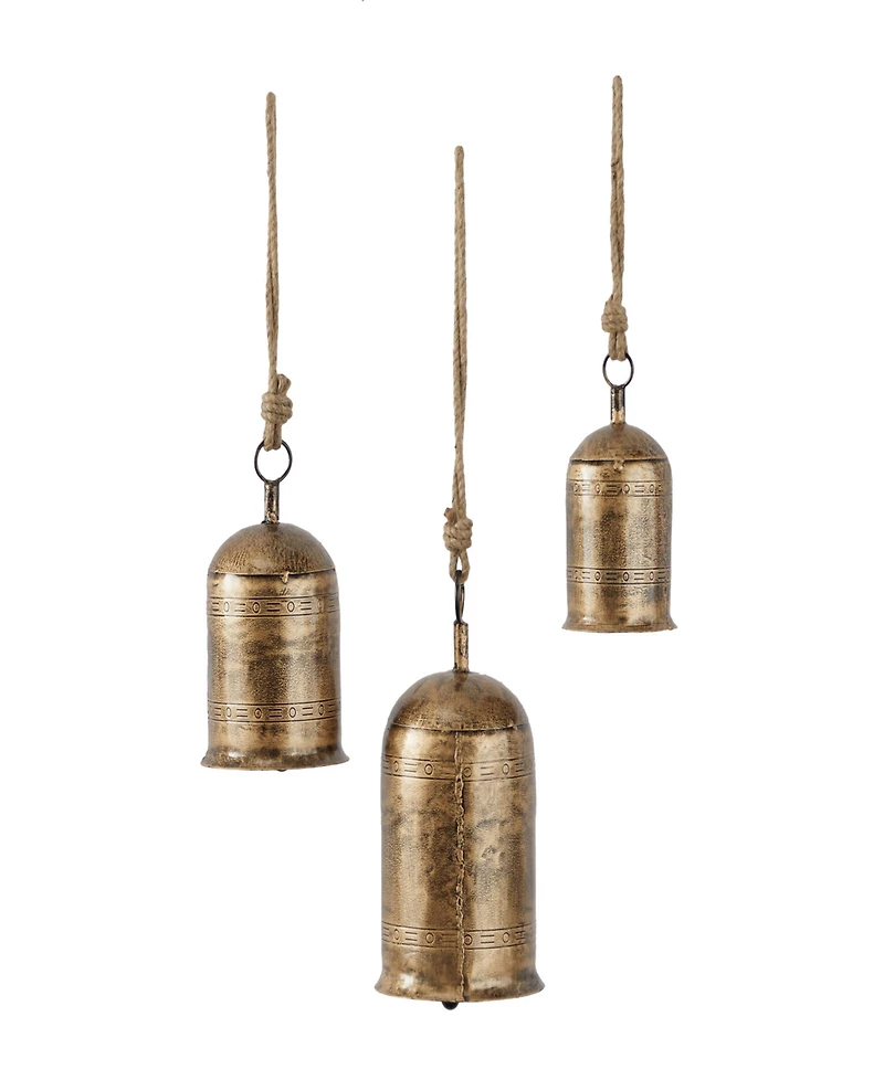 Rosemary Lane Gold-Tone Metal Bohemian Decorative Cow Bell with Jute Hanging Rope Set 3 Pieces