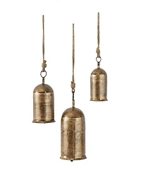 Rosemary Lane Gold-Tone Metal Bohemian Decorative Cow Bell with Jute Hanging Rope Set 3 Pieces