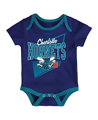 Newborn and Infant Boys Girls Mitchell & Ness Purple, Teal Charlotte Hornets 3-Piece Hardwood Classics Bodysuits Cuffed Knit Hat Set
