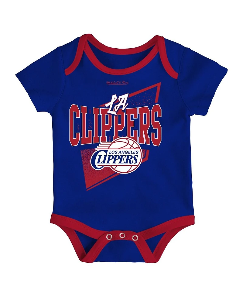 Newborn and Infant Boys Girls Mitchell & Ness Royal, Red La Clippers 3-Piece Hardwood Classics Bodysuits Cuffed Knit Hat Set