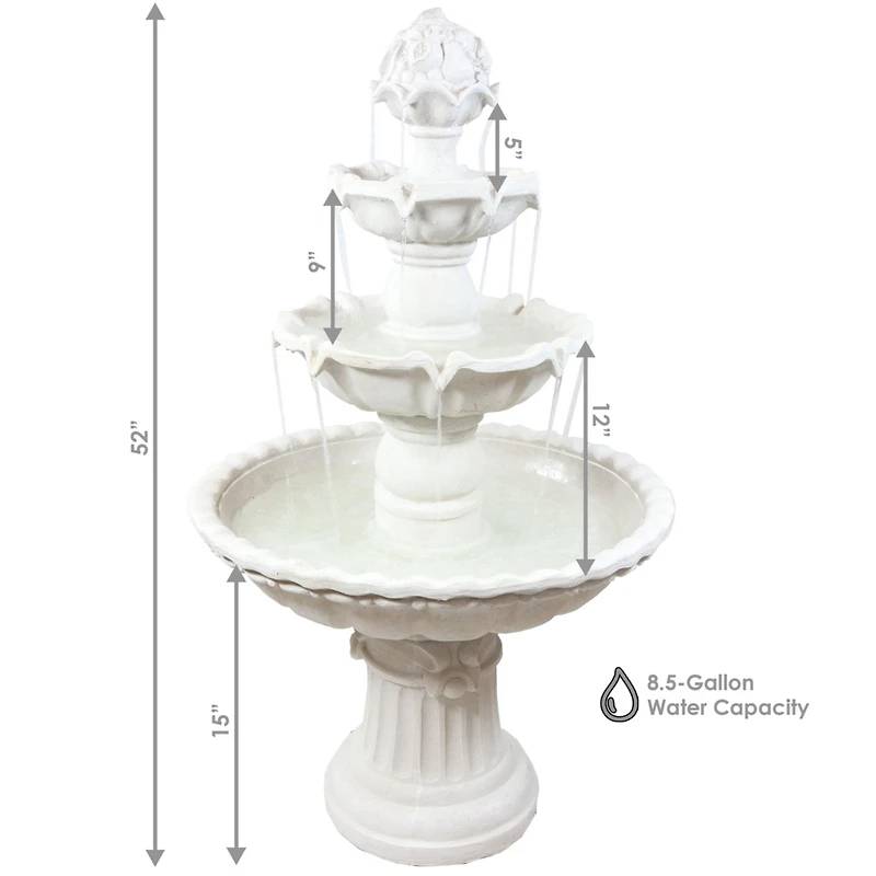 52"H Electric Fiberglass 4-Tier Fruit Top Outdoor Water Fountain, White Finish