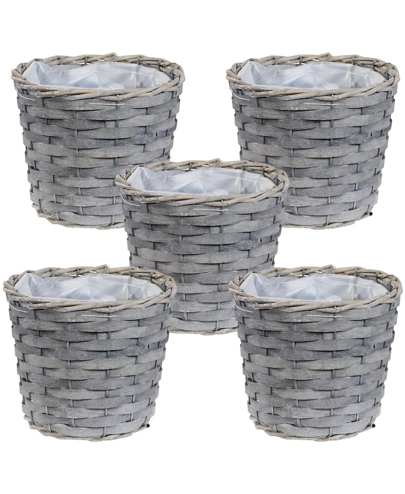 5-Piece Wicker Planter Basket Set - Indoor Use Only - Plastic Lined Flower Pots - Gray Poplar Construction with Steel Wire Frame