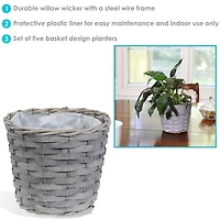 5-Piece Wicker Planter Basket Set - Indoor Use Only - Plastic Lined Flower Pots - Gray Poplar Construction with Steel Wire Frame