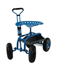 Garden Cart Rolling Scooter with Extendable Steering Handle - Swivel Seat and Utility Basket