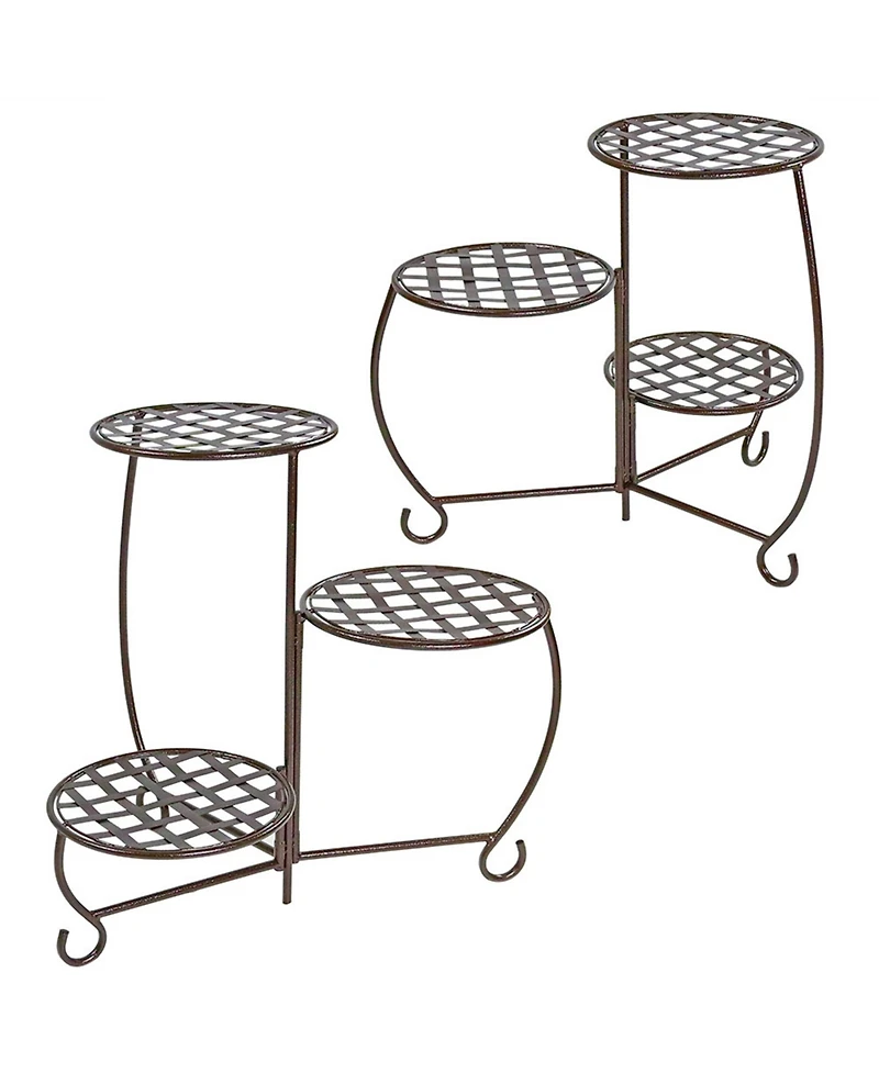 Indoor/Outdoor Steel Decorative Checker Top 3-Tiered Flower Plant Stand Display - Bronze - 2pk