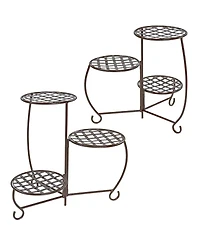 Indoor/Outdoor Steel Decorative Checker Top 3-Tiered Flower Plant Stand Display - Bronze - 2pk