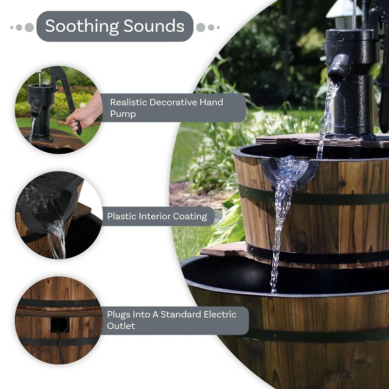 2-Tier Wood Barrel Outdoor Water Fountain - 34-Inch Waterfall Fountain with Submersible Pump - for Garden, Patio, Decks
