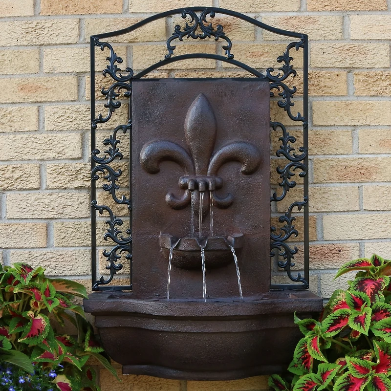 Sunnydaze Decor French Lily 33-Inch Polystone Outdoor Wall Water Fountain - Electric Submersible Pump - Iron Finish