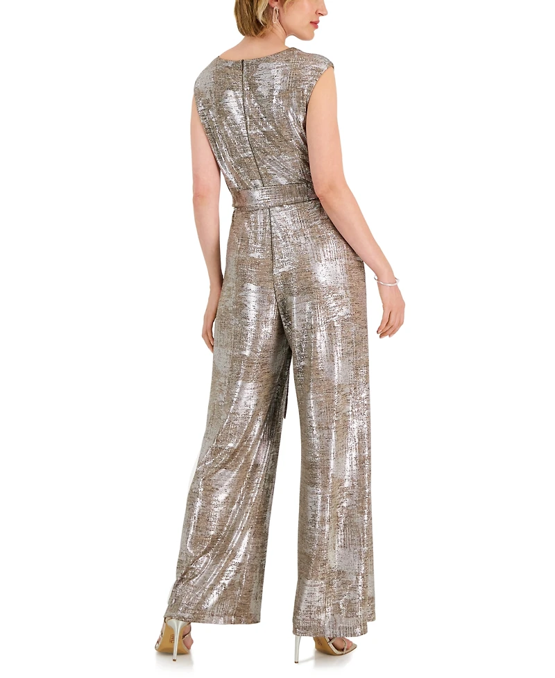 Connected Petite Metallic Jersey Cowl Neck Jumpsuit