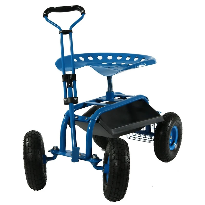 Garden Cart Rolling Scooter with Extendable Steering Handle - Swivel Seat and Utility Basket