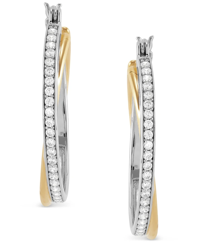 Cubic Zirconia Twist Medium Hoop Earrings in Sterling Silver & 14k Gold-Plate, 1.25"