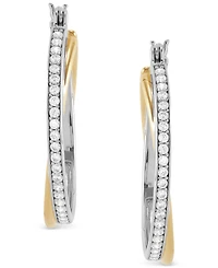 Cubic Zirconia Twist Medium Hoop Earrings in Sterling Silver & 14k Gold-Plate, 1.25"