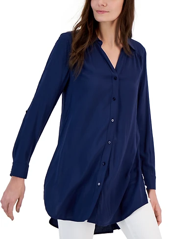I.n.c. International Concepts Women's Roll-Tab Button-Down Long Blouse, Created for Macy's