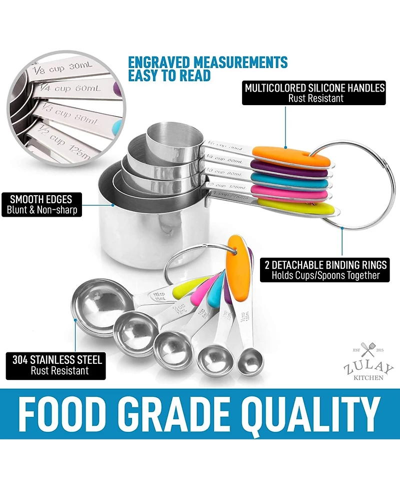 Set of 10 Stackable Stainless Steel Metal Measuring Cups and Spoons with Silicone Handles