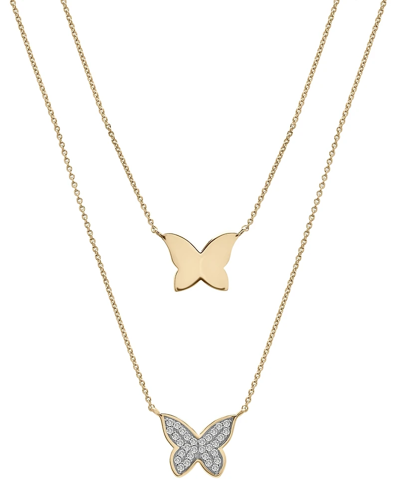 Wrapped Diamond Pave & Polished Butterfly Layered Pendant Necklace (1/6 ct. t.w.) in 10k Gold, 17" + 1" extender, Created for Macy's