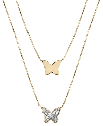 Wrapped Diamond Pave & Polished Butterfly Layered Pendant Necklace (1/6 ct. t.w.) in 10k Gold, 17" + 1" extender, Created for Macy's