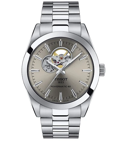 Tissot Men's Gentleman Powermatic 80 Open Heart Grey Stainless Steel Bracelet Watch 40mm