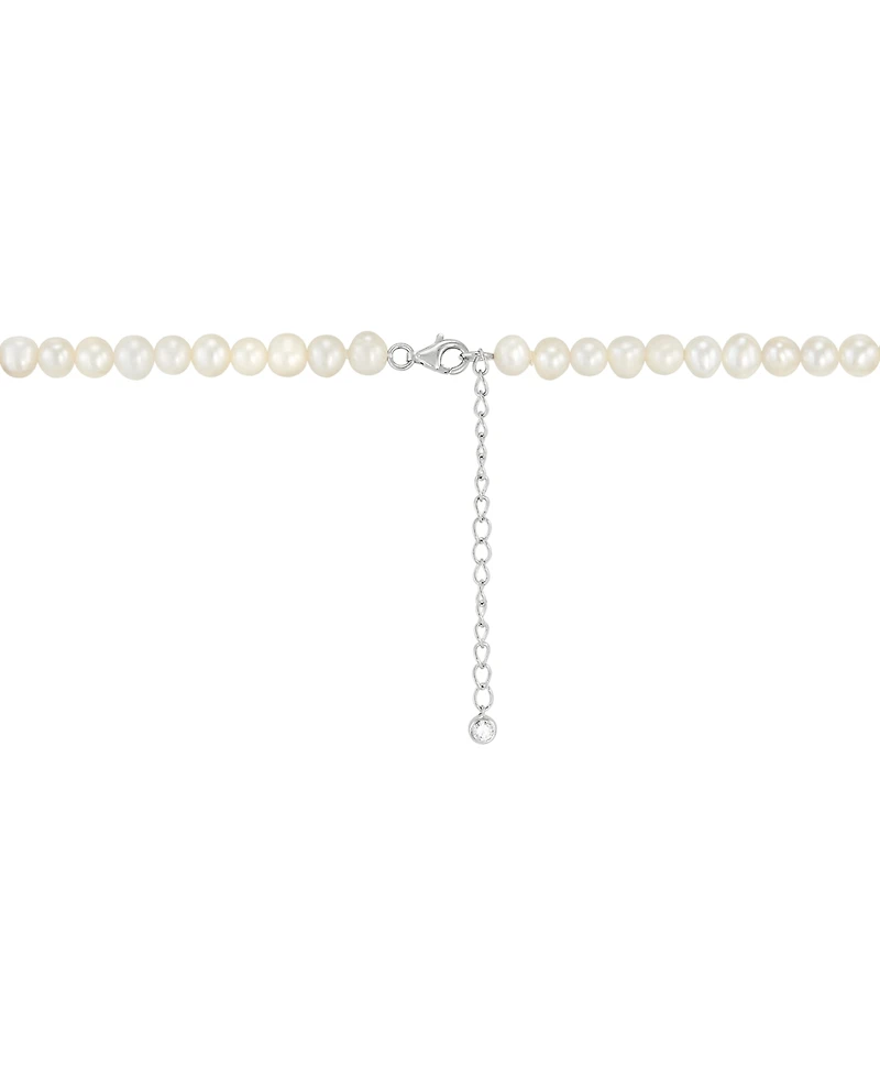 Arabella Cultured Freshwater Button & Potato Pearl (5-11mm) & Cubic Zirconia Fancy Collar Necklace in Sterling Silver, 16" + 2" extender