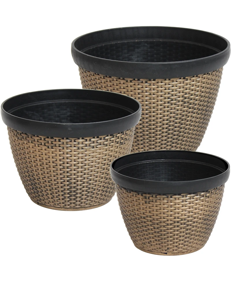 3-Piece Outdoor Planter Set - 12", 13", and 15" Resin Faux Basketweave Planters
