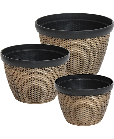 3-Piece Outdoor Planter Set - 12", 13", and 15" Resin Faux Basketweave Planters