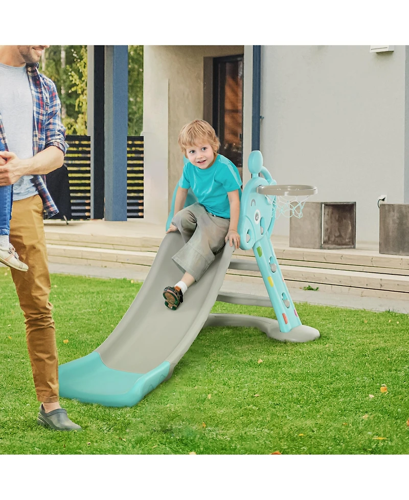 Qaba 2 in 1 Kids Wide Slide with Rails and Basketball Hoop, Blue