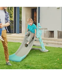 Qaba 2 in 1 Kids Wide Slide with Rails and Basketball Hoop, Blue