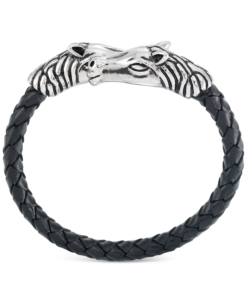 Legacy for Men by Simone I. Smith Horse Head Black Leather Braided Bypass Bracelet in Stainless Steel