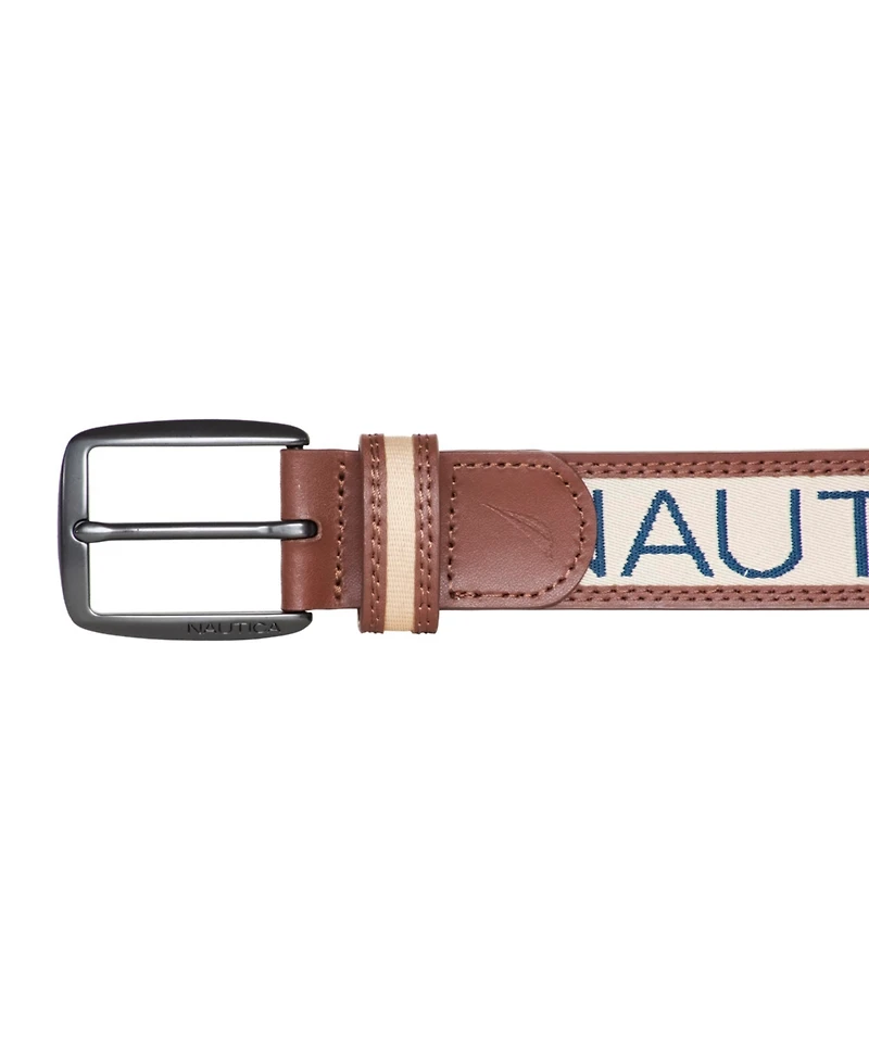 Nautica Men's Logo Ribbon with Leather Trim Belt