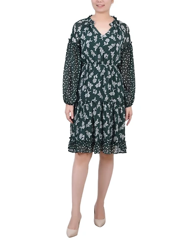 Ny Collection Petite Long Sleeve Combo Chiffon Dress