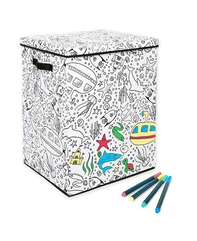 Baum Kid's Coloring Under Sea Print Hamper with Lid and 4 Washable Markers Set