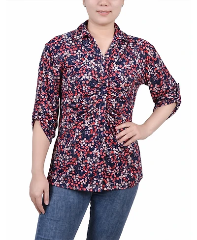 Ny Collection Petite 3/4 Roll Tab Rouched-Front Top