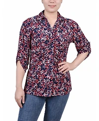 Ny Collection Petite 3/4 Roll Tab Rouched-Front Top