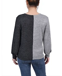 Ny Collection Petite Long Sleeve Twist Front Colorblocked Top
