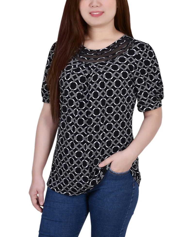 Petite Short Puff Sleeve Mesh Inset Top