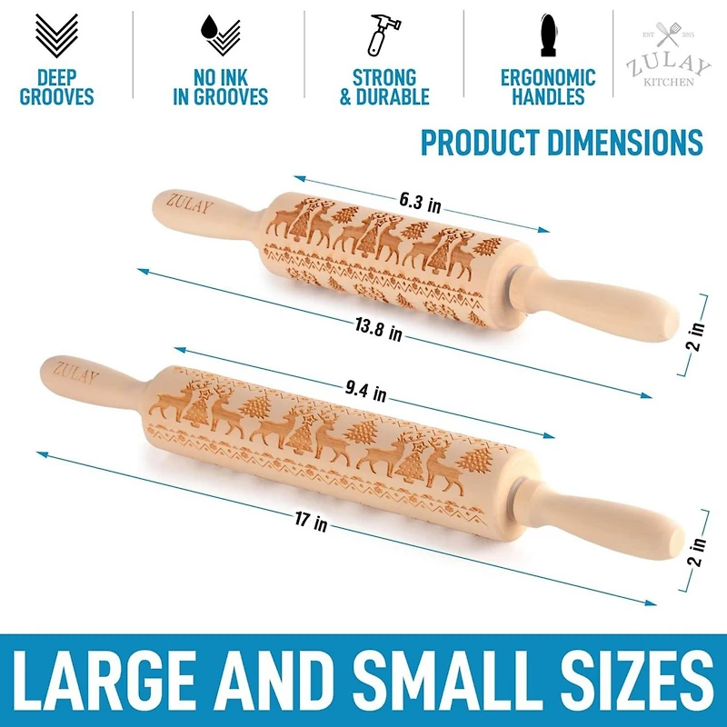 Wooden Carved Christmas Rolling Pin 2-Pc.