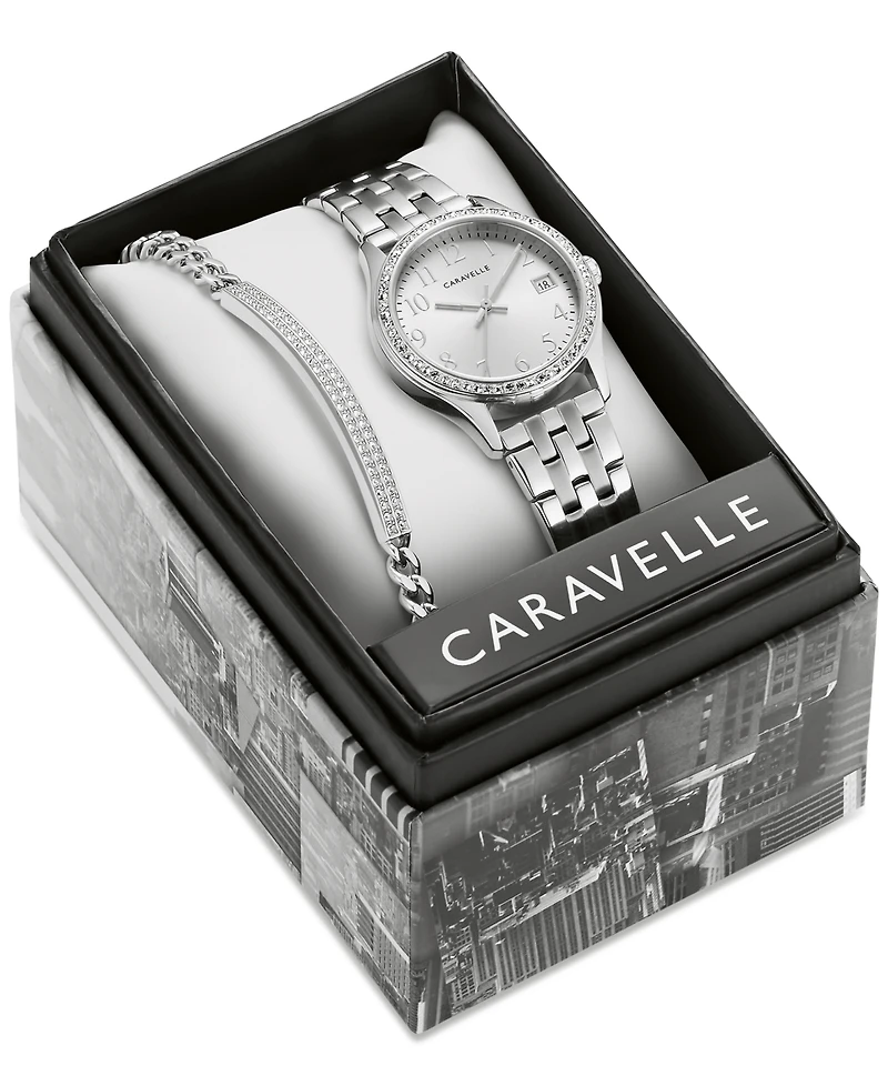 Caravelle designed by Bulova Women's Crystal Stainless Steel Bracelet Watch 32mm Gift Set