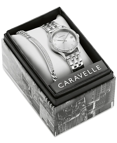 Caravelle designed by Bulova Women's Crystal Stainless Steel Bracelet Watch 32mm Gift Set