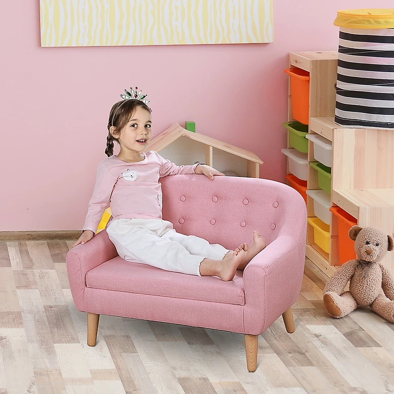 Qaba Cozy Children Sofa Couch Sturdy Wood 2 Seat Armrest Chair Kids Pink