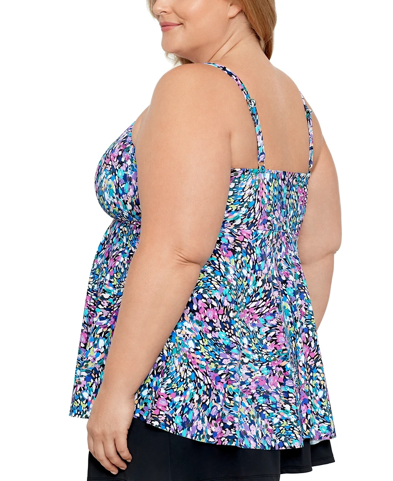 Swim Solutions Plus Size Printed V-Neck Underwire Tankini Top, Created for Macy's
