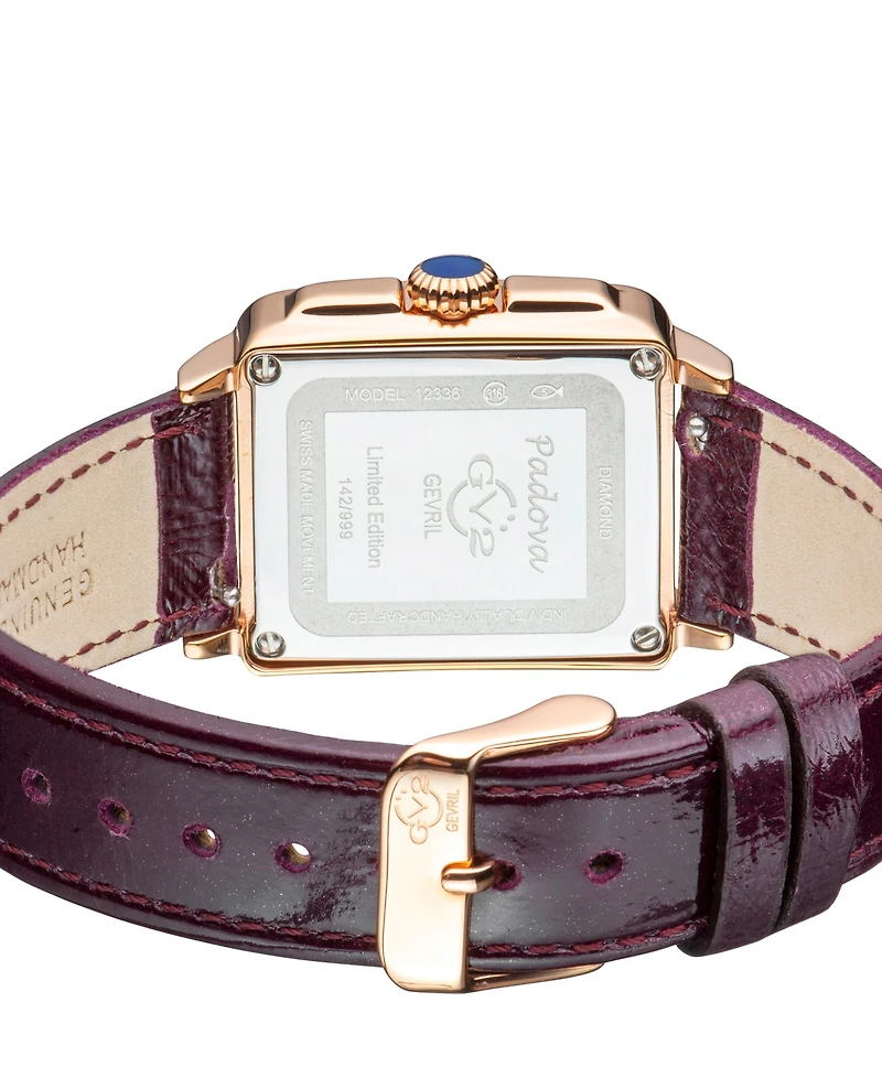 GV2 by Gevril Women's Padova Gemstone Swiss Quartz Diamond Accent Purple Hand Made Italian Leather Strap Watch 27mm x 30mm