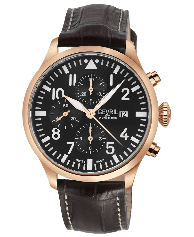 Gevril Men's Vaughn Swiss Automatic Brown Italian Leather Strap Watch 44mm