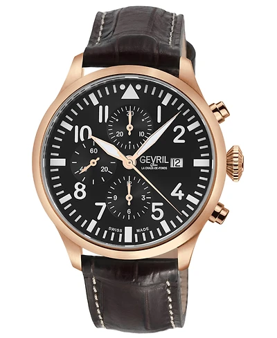 Gevril Men's Vaughn Swiss Automatic Brown Italian Leather Strap Watch 44mm