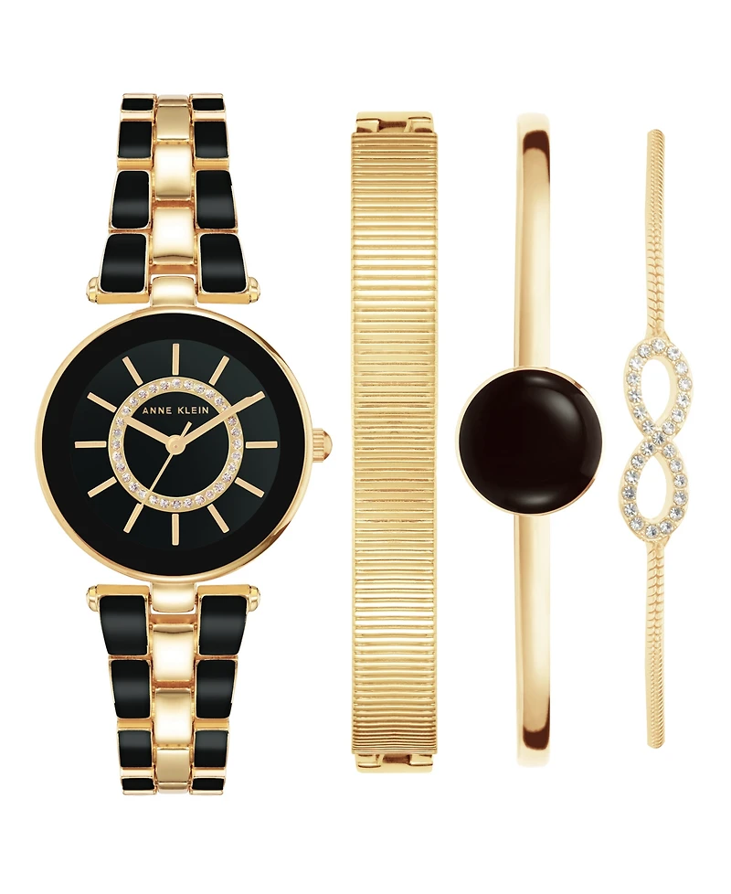 Anne Klein Women's Gold-Tone Alloy Bracelet with Black Enamel and Crystal Accents Fashion Watch 34mm Set 4 Pieces