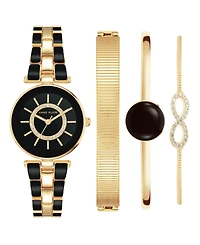 Anne Klein Women's Gold-Tone Alloy Bracelet with Black Enamel and Crystal Accents Fashion Watch 34mm Set 4 Pieces